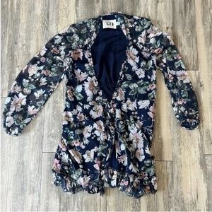 The Jetset Diaries Navy Floral Print Ruffle Tunic Top Tie Front Ruffle